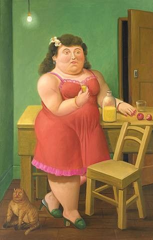 Fernando Botero Woman Drinking With Cat